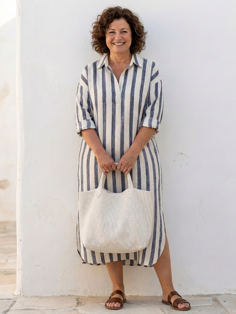 Naomi | Robe Chemise Midi Rayée à Manches Longues