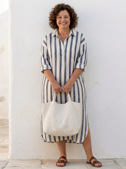 Naomi | Robe Chemise Midi Rayée à Manches Longues