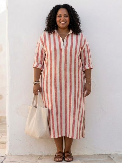 Naomi | Robe Chemise Midi Rayée à Manches Longues