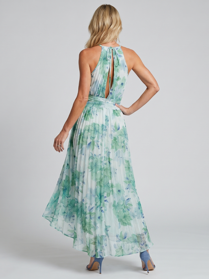 Portia | Robe Midi à Encolure Halter en Tissu Floral Plissé