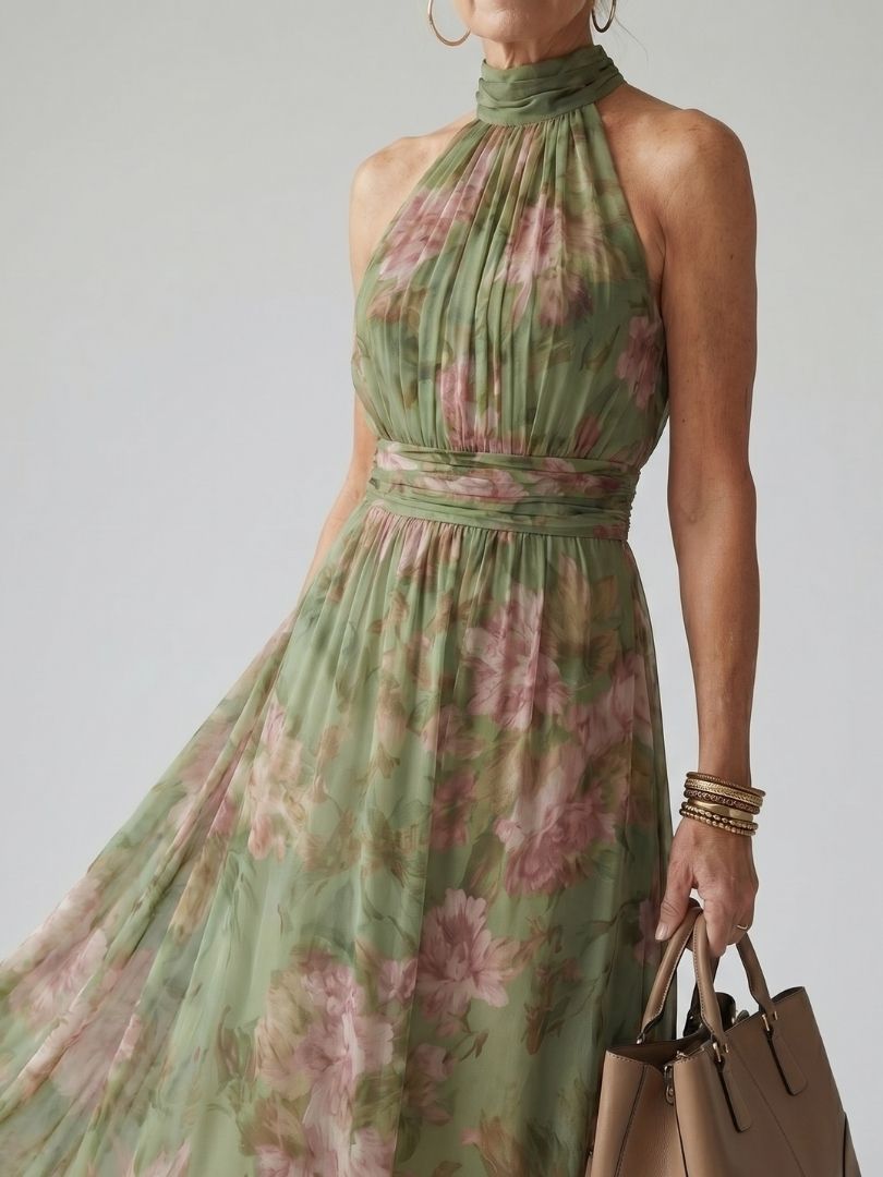 Mirelle | Robe Midi à Encolure Halter Rassemblée