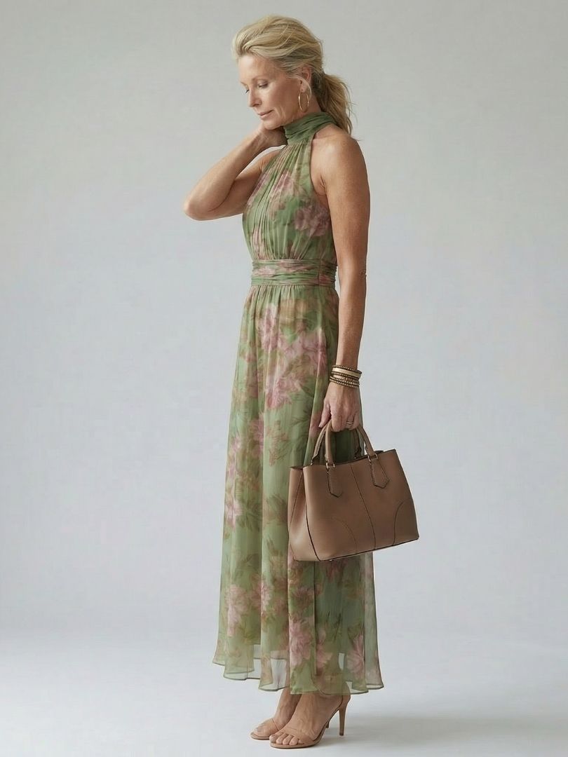 Mirelle | Robe Midi à Encolure Halter Rassemblée