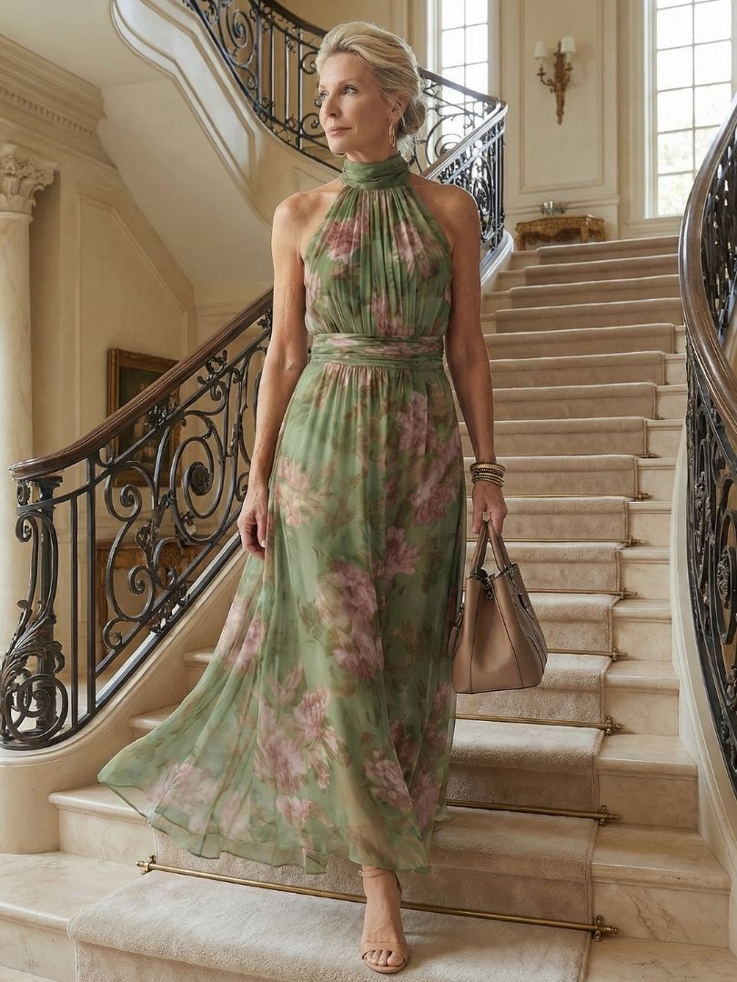 Mirelle | Robe Midi à Encolure Halter Rassemblée