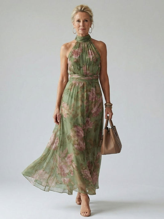 Mirelle | Robe Midi à Encolure Halter Rassemblée