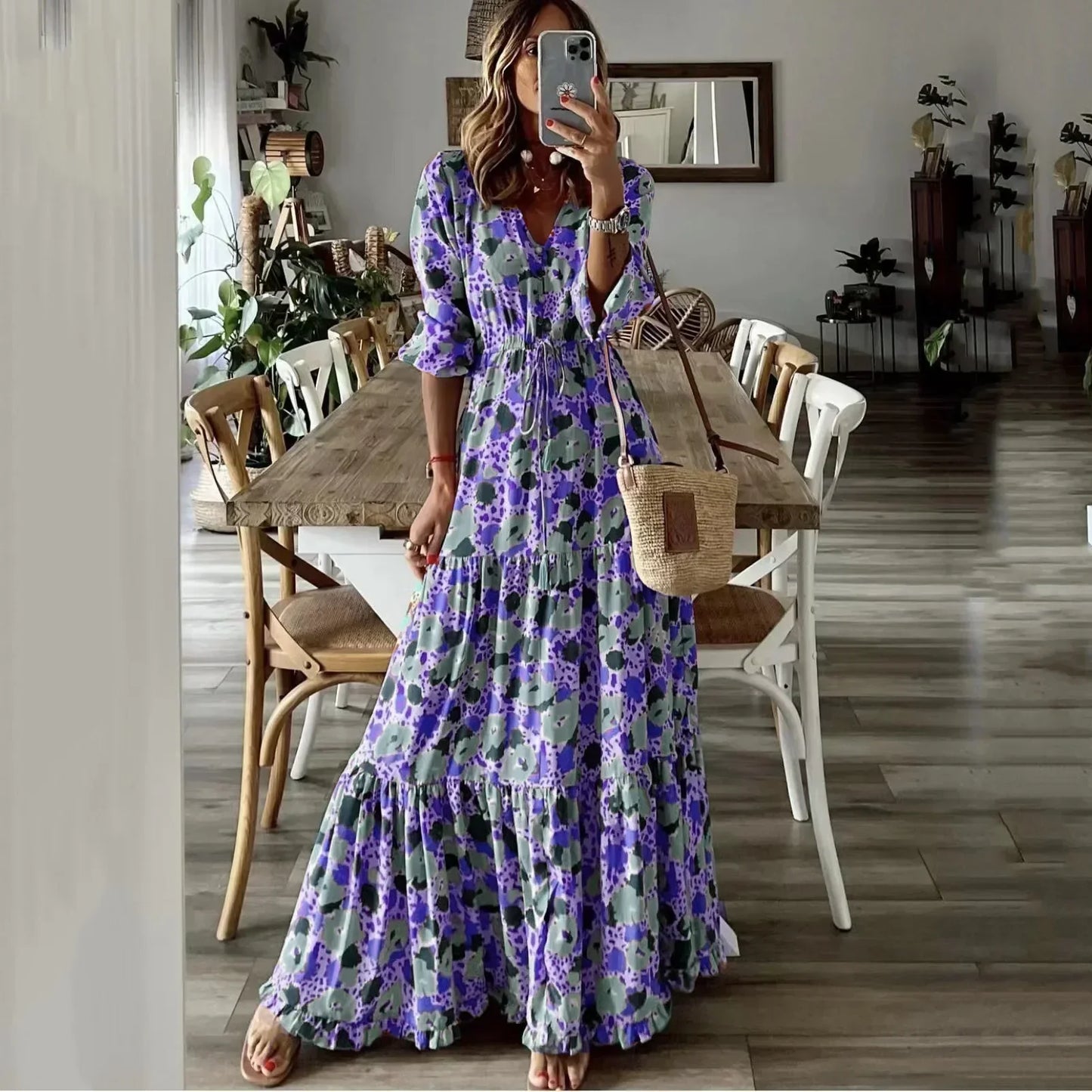Liora | Robe Maxi Évasée Imprimée à Col V
