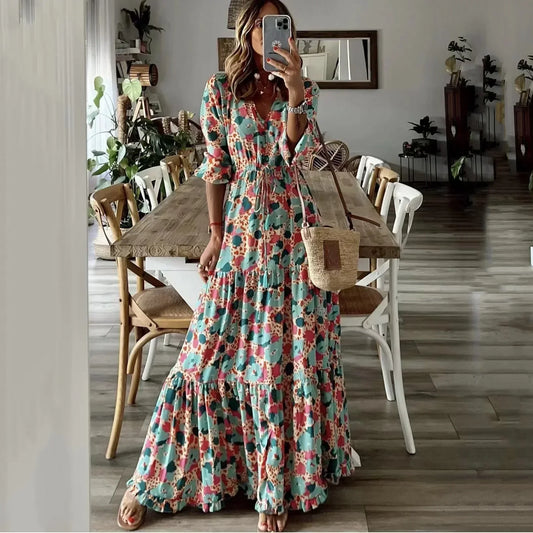 Liora | Robe Maxi Évasée Imprimée à Col V