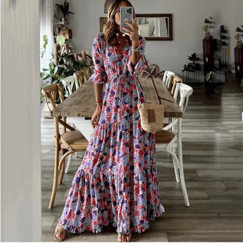 Liora | Robe Maxi Évasée Imprimée à Col V