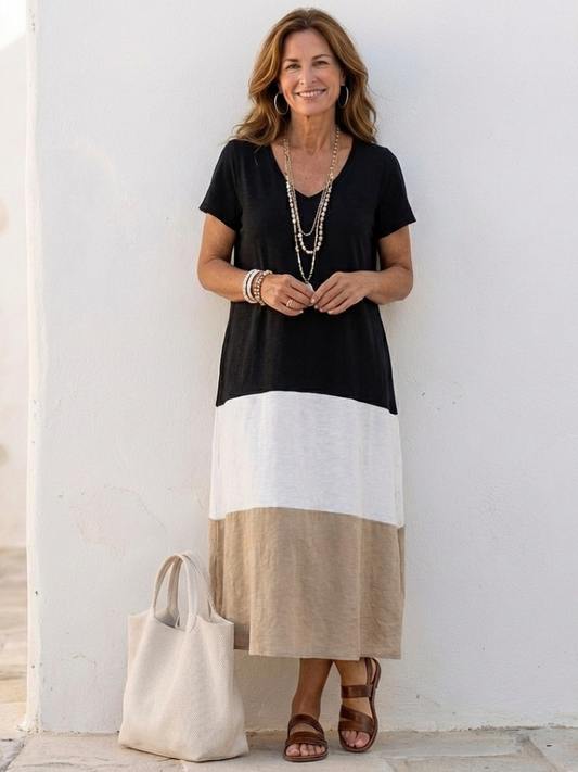 Thalia | Robe Midi à Manches Courtes en Color Block avec Décolleté en V