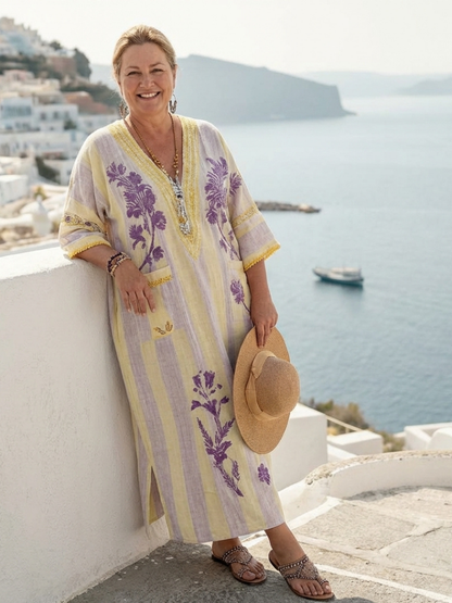 Aurelia | Robe maxi à fleurs rayée à col en V et manches mi-longues