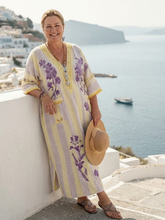 Aurelia | Robe maxi à fleurs rayée à col en V et manches mi-longues