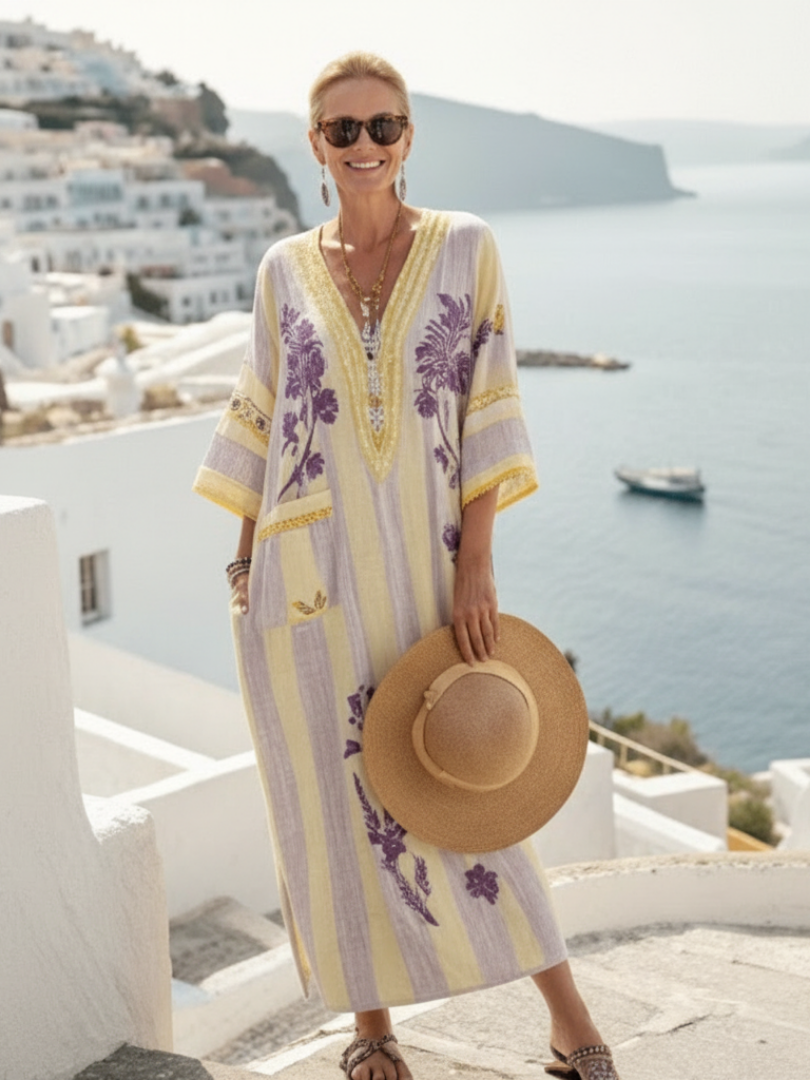 Aurelia | Robe maxi à fleurs rayée à col en V et manches mi-longues