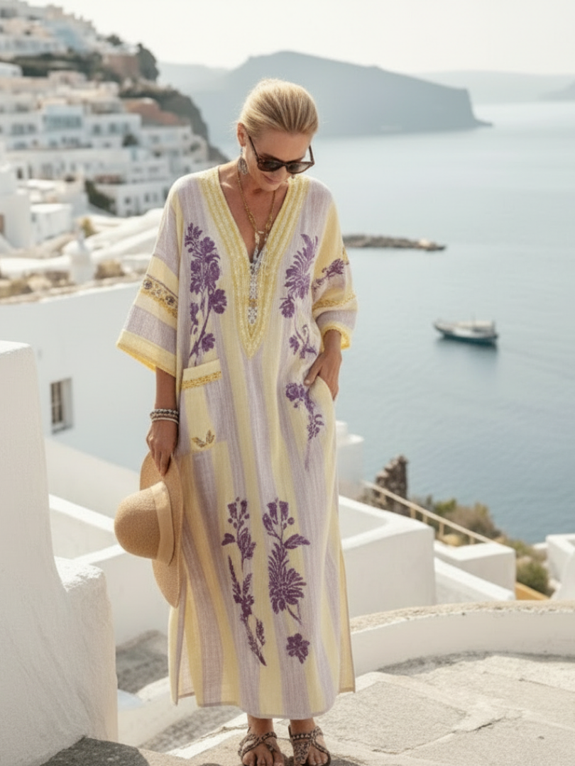 Aurelia | Robe maxi à fleurs rayée à col en V et manches mi-longues