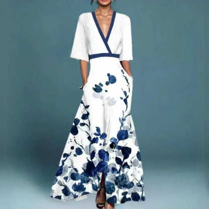 Hazel - Robe Maxi Florale à Col V Ceinturée