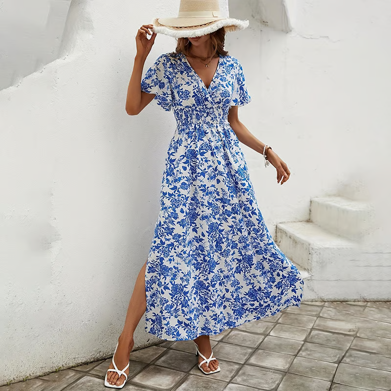 Bea - Robe de Plage Bleue Boho à Col V