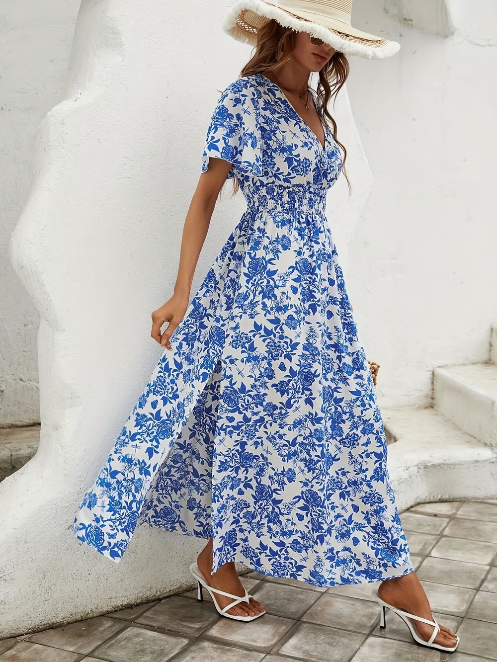 Bea - Robe de Plage Bleue Boho à Col V
