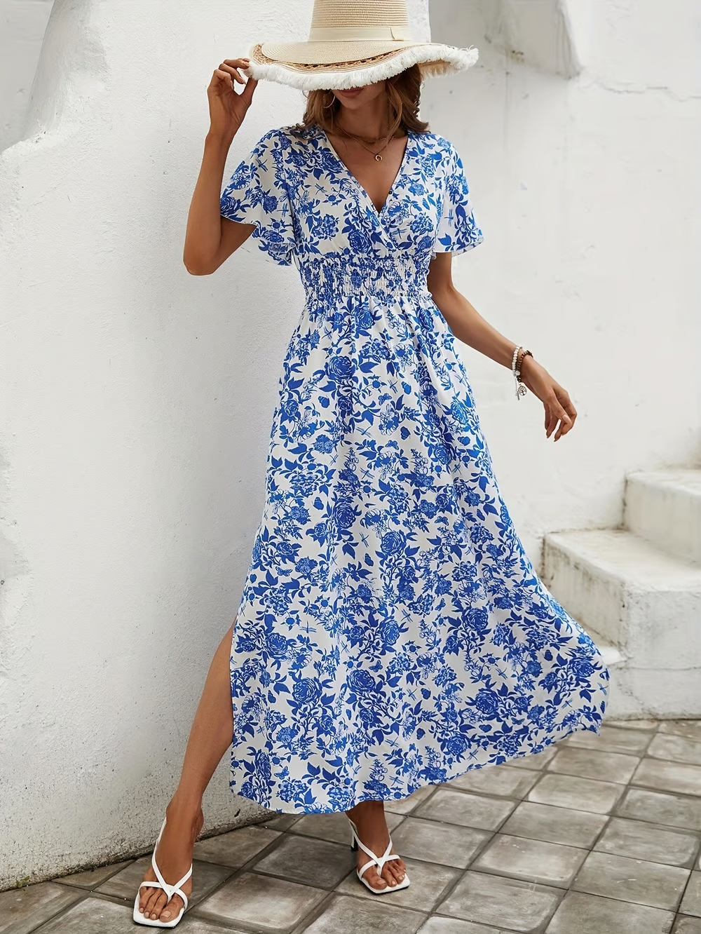 Bea - Robe de Plage Bleue Boho à Col V
