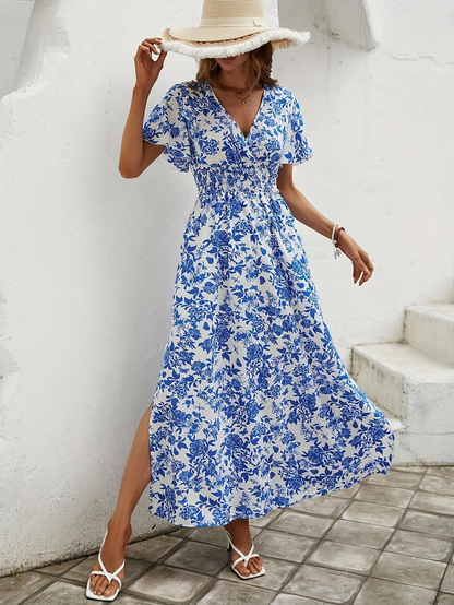 Bea - Robe de Plage Bleue Boho à Col V