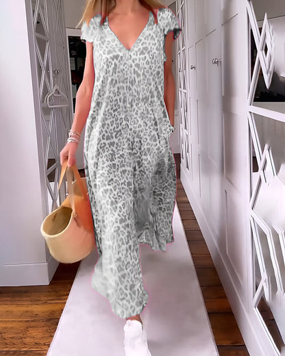 Véronique | Robe longue à décolleté en V en imprimé léopard avec manches courtes