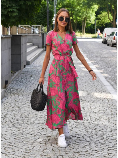 Vada - Robe Imprimée à Fente et Décolleté en V au Coucher de Soleil