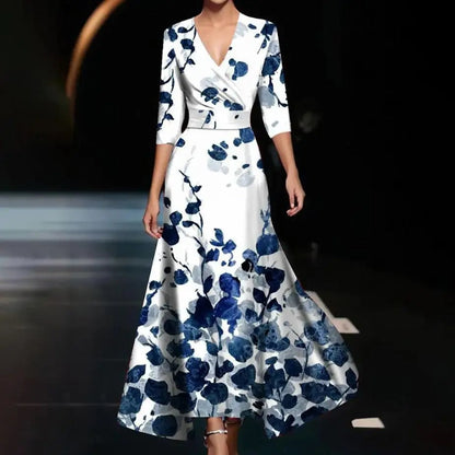 Emily - Robe Midi Imprimée Taille Haute avec Manches Mi-Longues