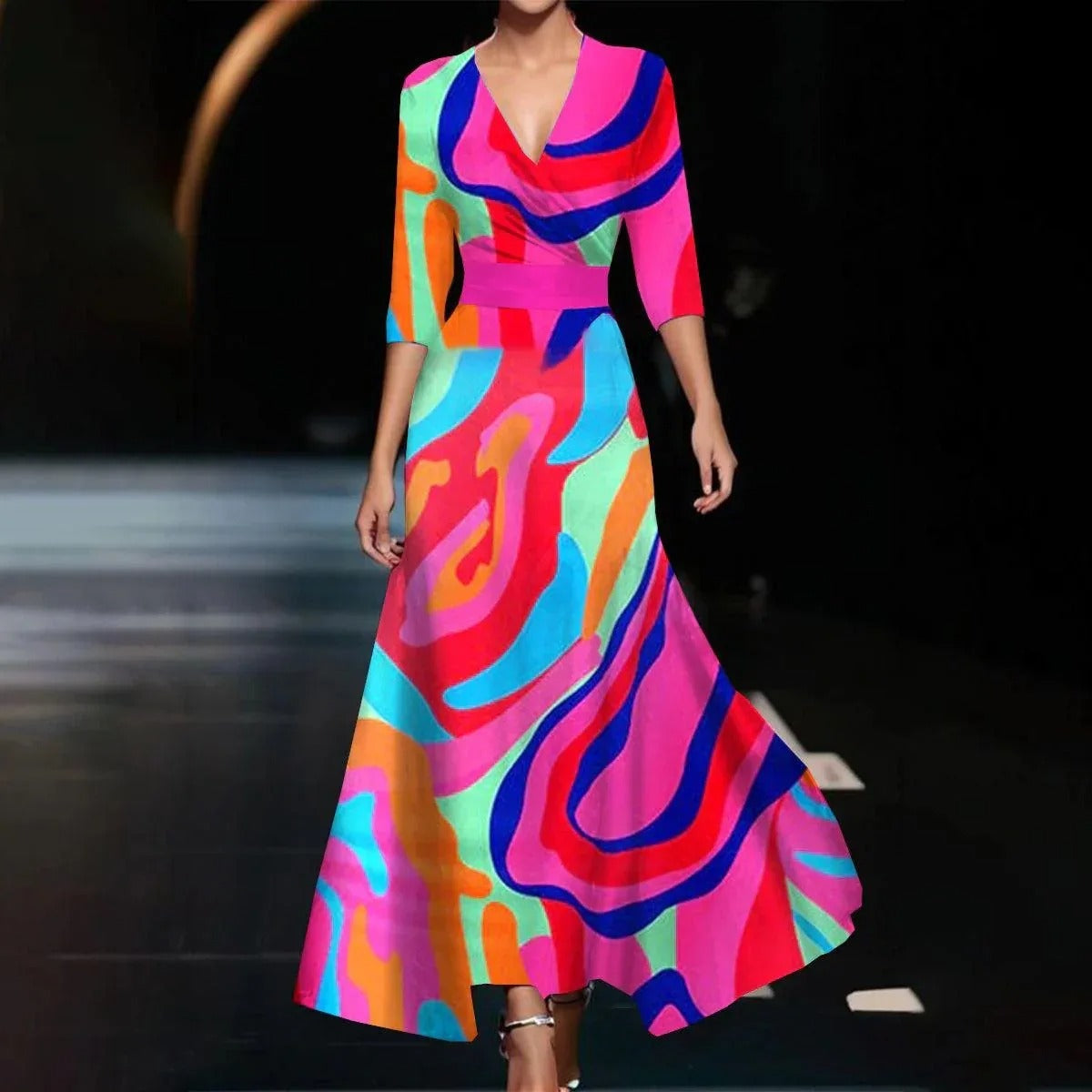Emily - Robe Midi Imprimée Taille Haute avec Manches Mi-Longues
