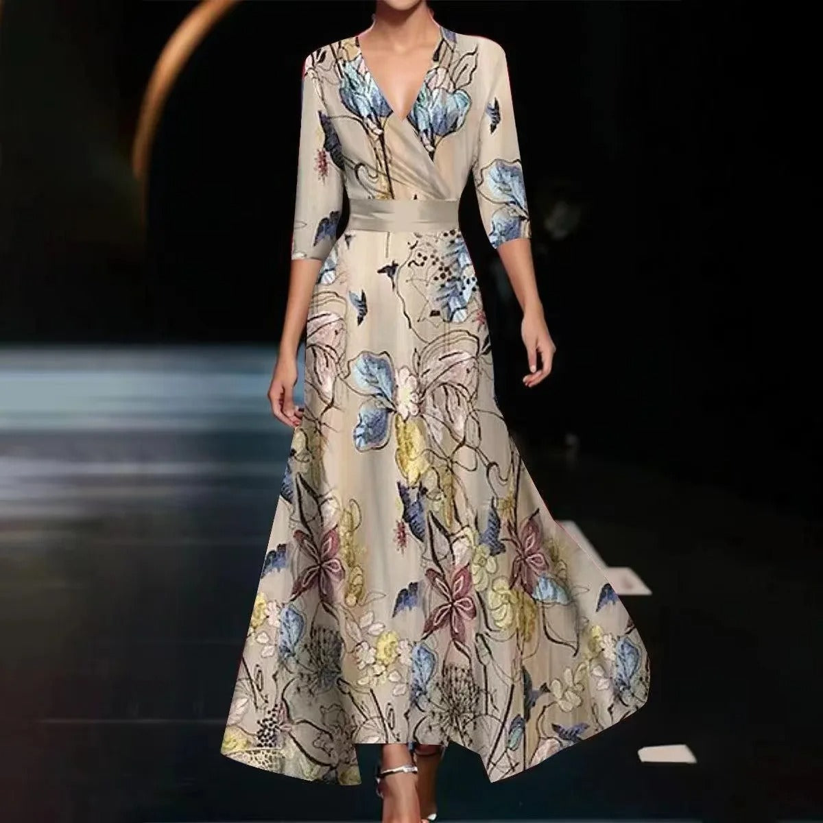 Emily - Robe Midi Imprimée Taille Haute avec Manches Mi-Longues